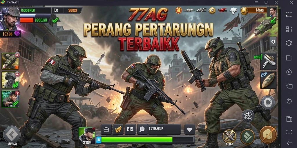Screenshot utama dari 77AG menampilkan pertarungan seru dan karakter dinamis.