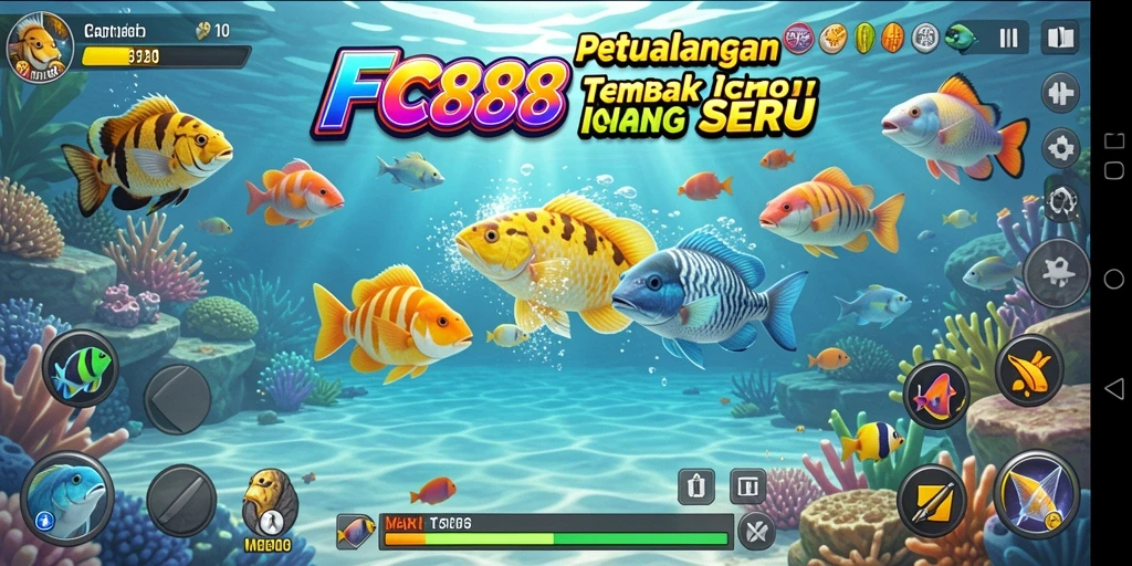 Screenshot FC888 menampilkan aksi seru dalam menangkap ikan warna-warni.