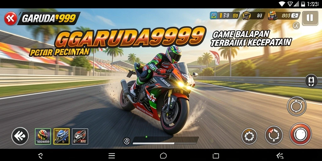 Tampilan gameplay balapan GARUDA999 dengan mobil dan lintasan seru.