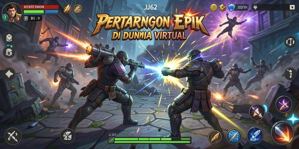 Tangkapan layar utama gameplay JJ62 yang menampilkan pertarungan seru dan karakter dinamis.