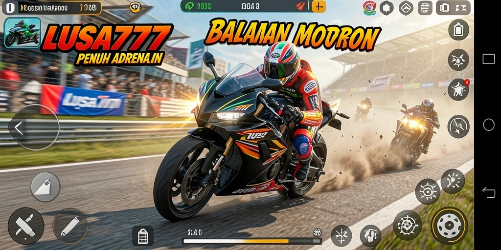 Tangkapan layar gameplay LUSA777 menunjukkan aksi balapan motor yang seru.