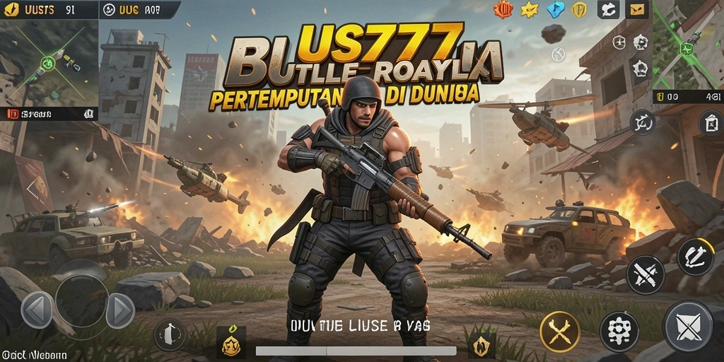 Screenshot gameplay UUS777 menampilkan aksi tempur Battle Royale yang mendebarkan.