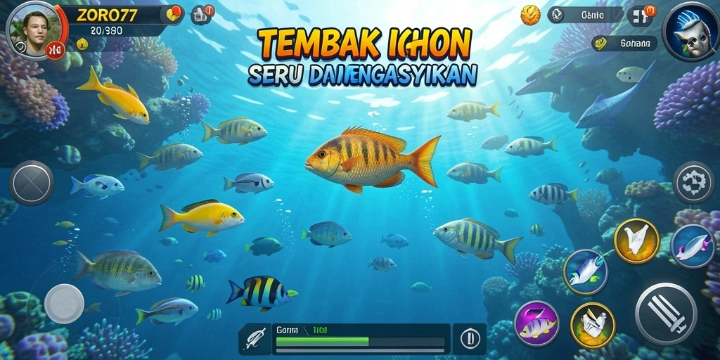 Screenshot gameplay ZORO77 menampilkan aksi menembak ikan yang seru.